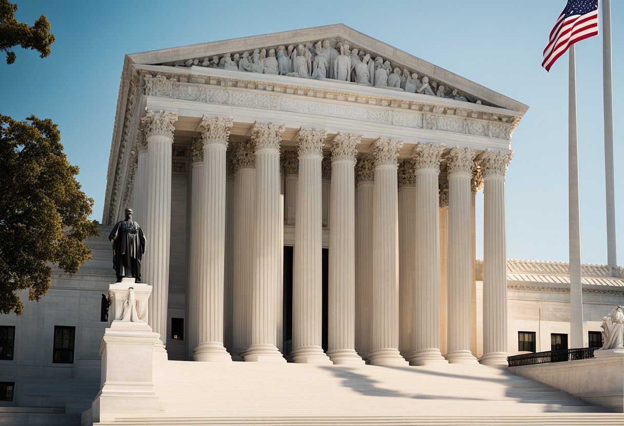 The majestic Supreme Court building stands tall, flanked by the American flag and the scales of justice, with the words "Equal Justice Under Law" engraved above the entrance