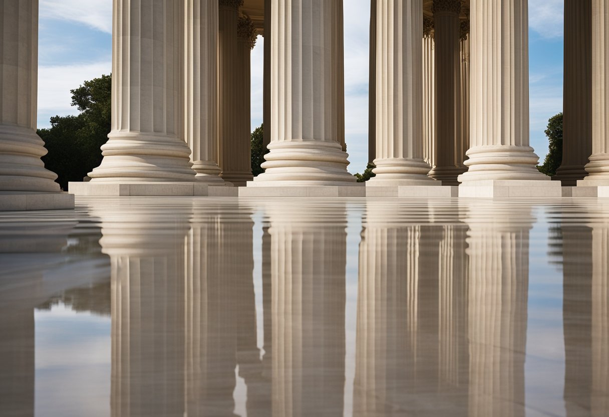 The grand columns of the Supreme Court stand tall, symbolizing the enduring influence and legacy of the United States' highest judicial body