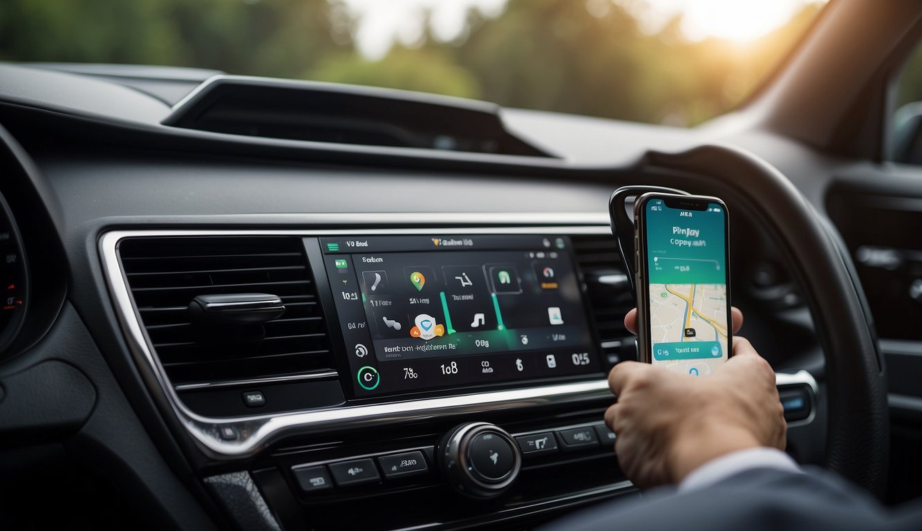 A hand reaching out to a car dashboard with the Apple CarPlay logo displayed, while a smartphone is being connected to the car's interface