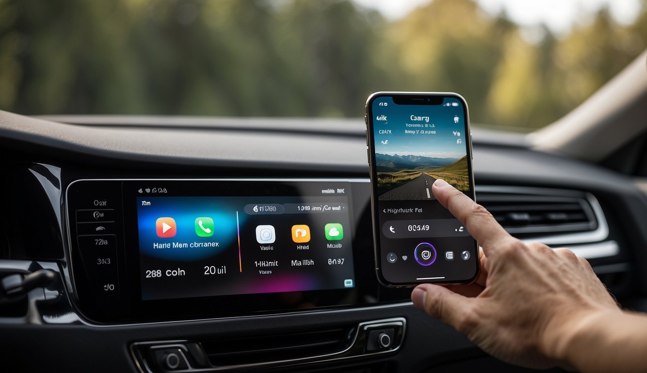 A hand reaches towards a car dashboard, connecting a phone to the Apple CarPlay system. The screen displays the Apple CarPlay download process