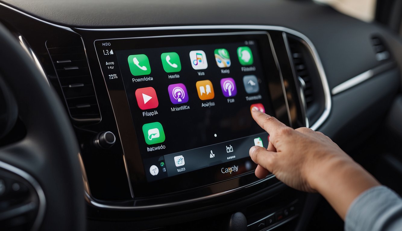 A hand reaches to touch the Apple CarPlay icon on a car's touchscreen display