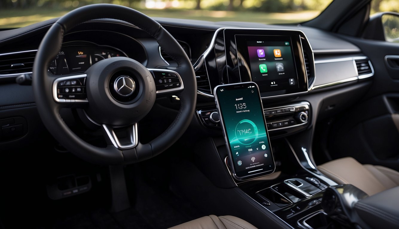 An iPhone connected to a car's dashboard display, with the Apple CarPlay app downloading advanced features and customization options