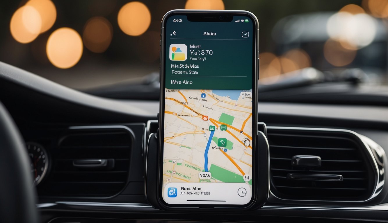 An iPhone connected to a car display with the Apple CarPlay download screen visible, surrounded by frequently asked questions and a search bar