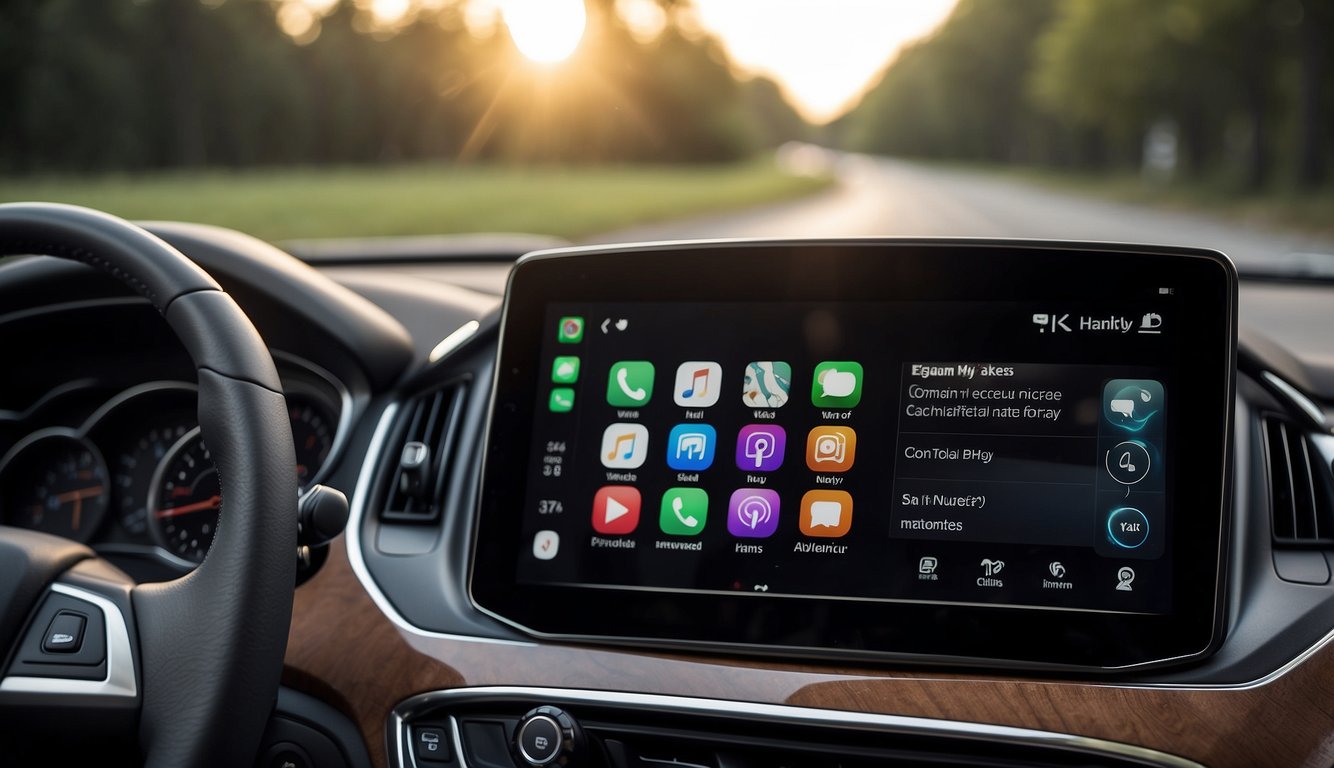 A Chevy vehicle with Apple CarPlay displayed on the infotainment screen, connected to a smartphone, showing music and navigation apps