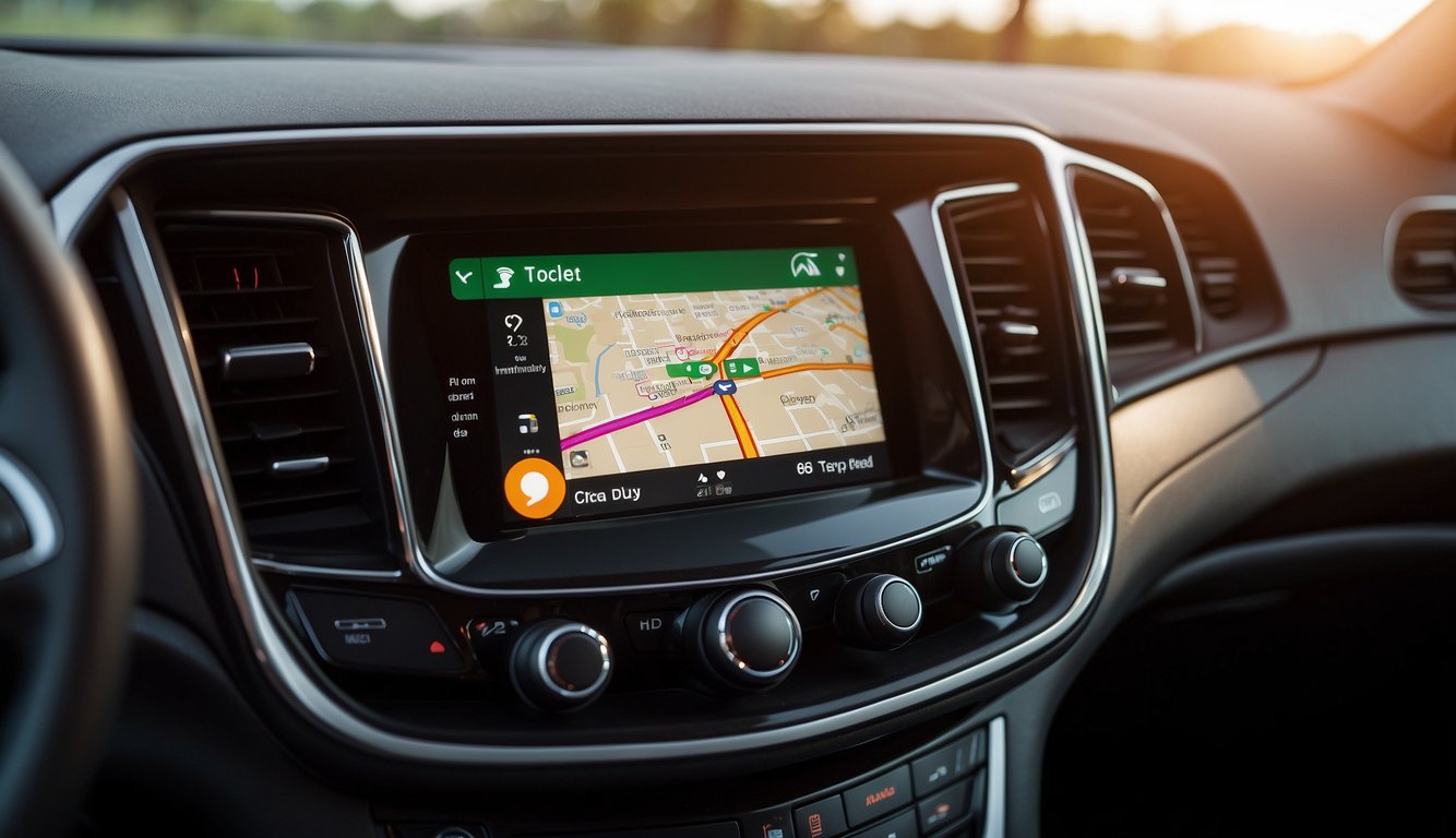 A Chevy car dashboard with a vibrant touchscreen displaying the Apple CarPlay interface, with icons for phone, music, maps, and messages