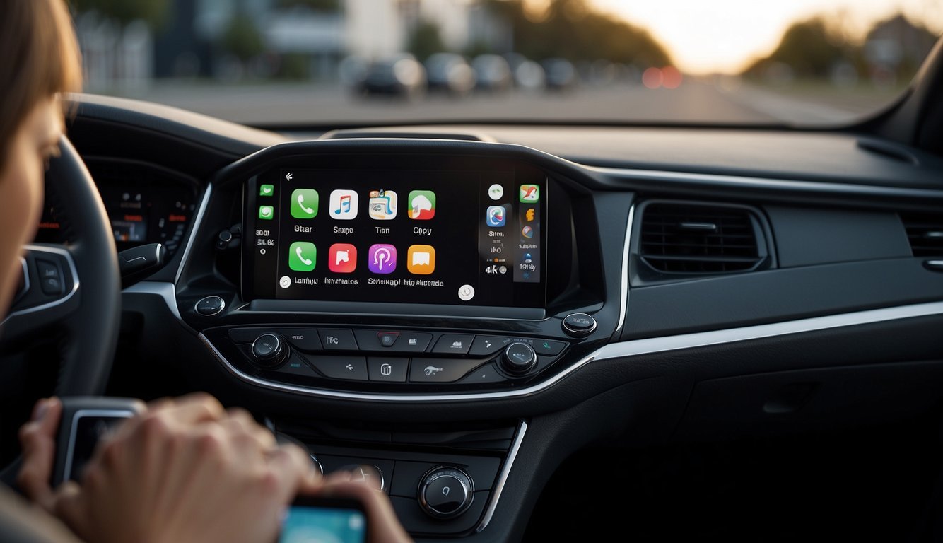 A driver using Chevy's Apple CarPlay features while driving, with the dashboard screen displaying navigation, music, and messaging apps