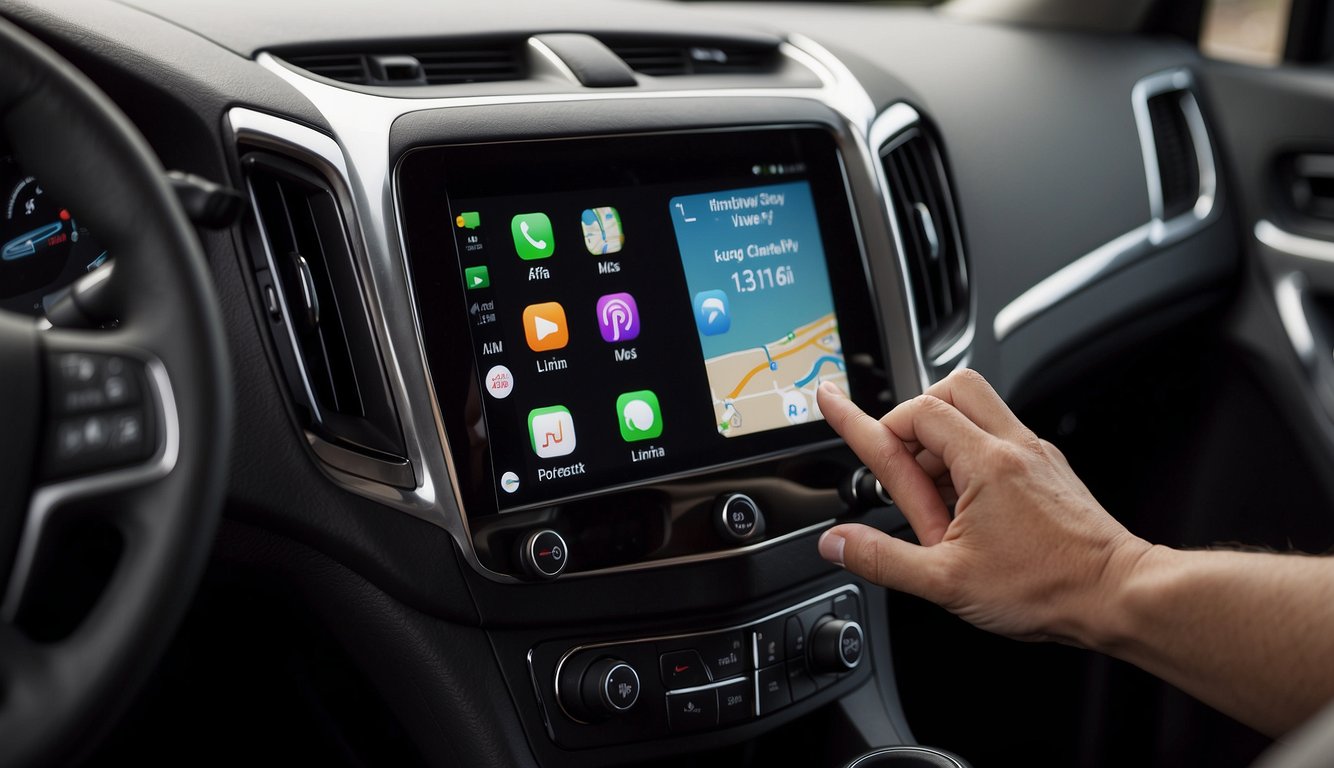 A person troubleshooting Chevy's Apple CarPlay on the car's touchscreen display, while referring to tips and instructions on their smartphone