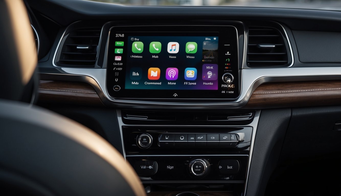 A car interior with a smartphone seamlessly connected to the car's infotainment system, displaying wireless CarPlay in action