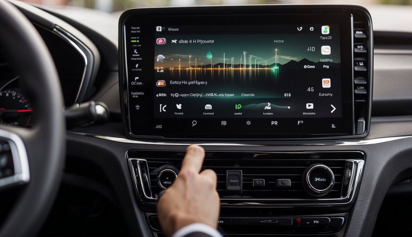 A car with a wired CarPlay system being upgraded to a wireless setup, with cables being removed and a new wireless adapter being installed