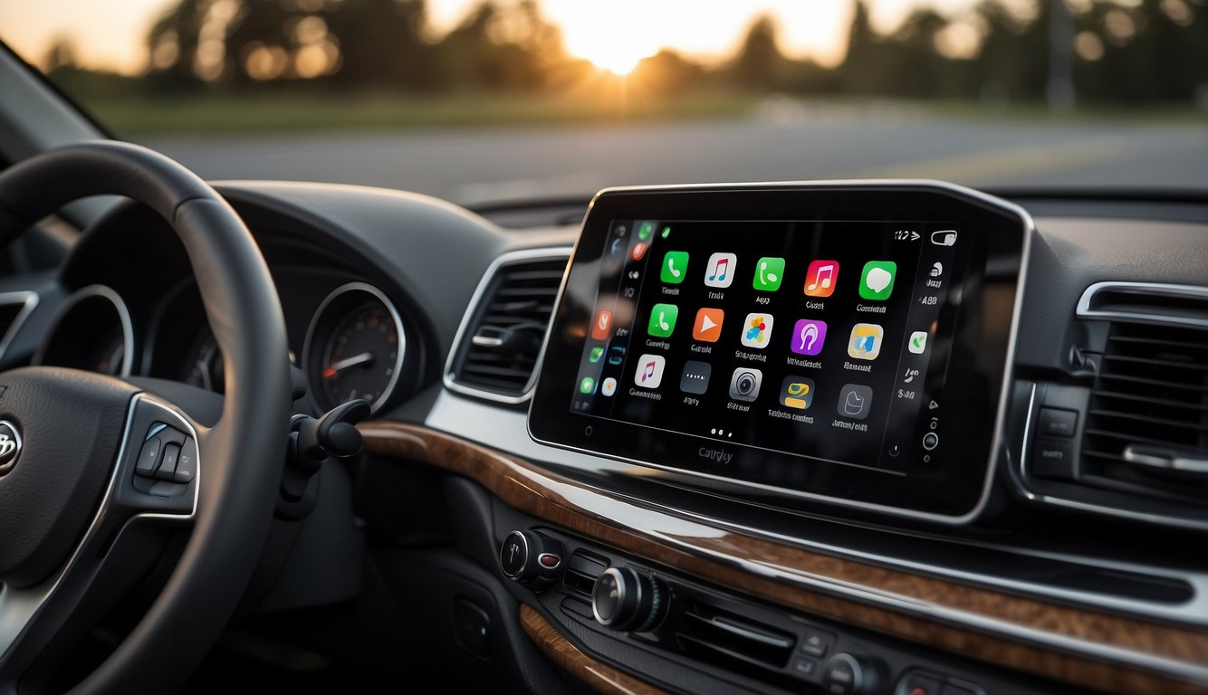 A car dashboard with a wired CarPlay system being replaced by a wireless CarPlay system, with cables being removed and a wireless adapter being installed