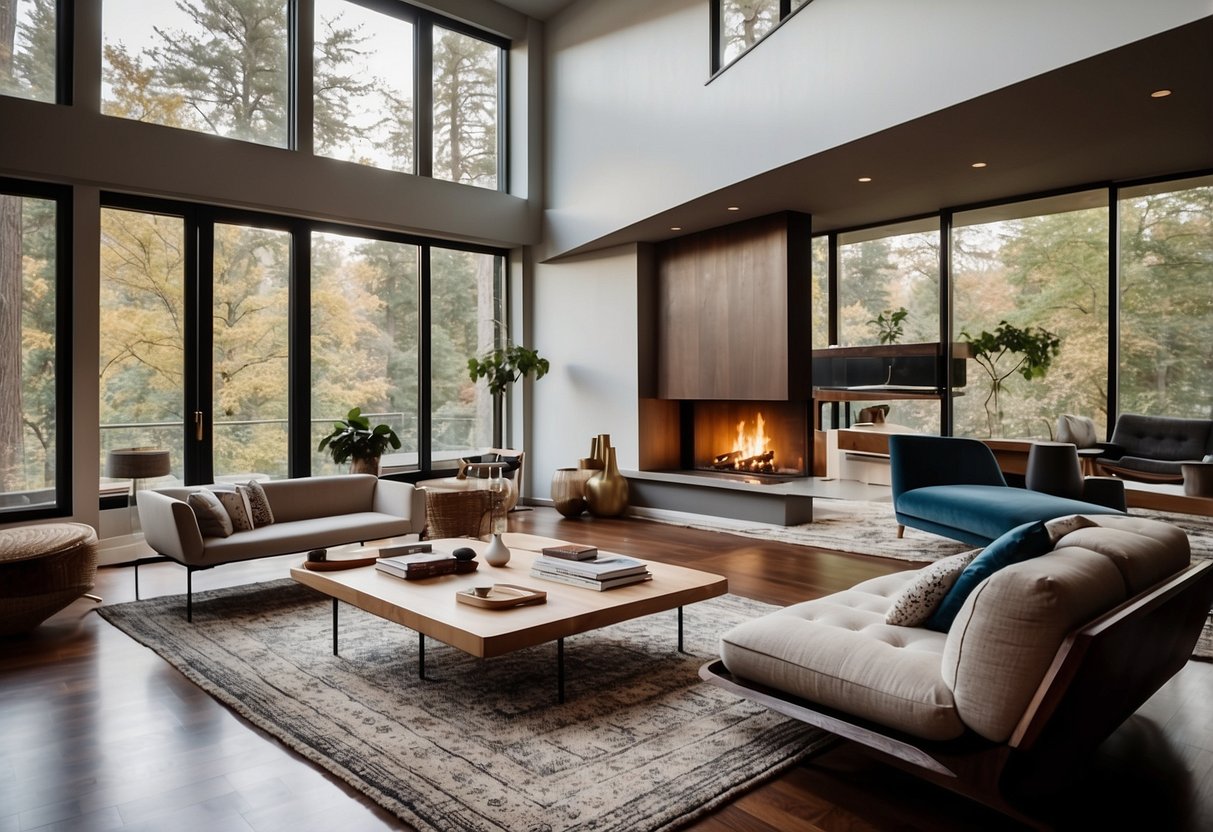 A sunken living room with sleek, mid-century modern furniture, a cozy fireplace, and a bold geometric rug. Large windows flood the space with natural light, creating a warm and inviting atmosphere