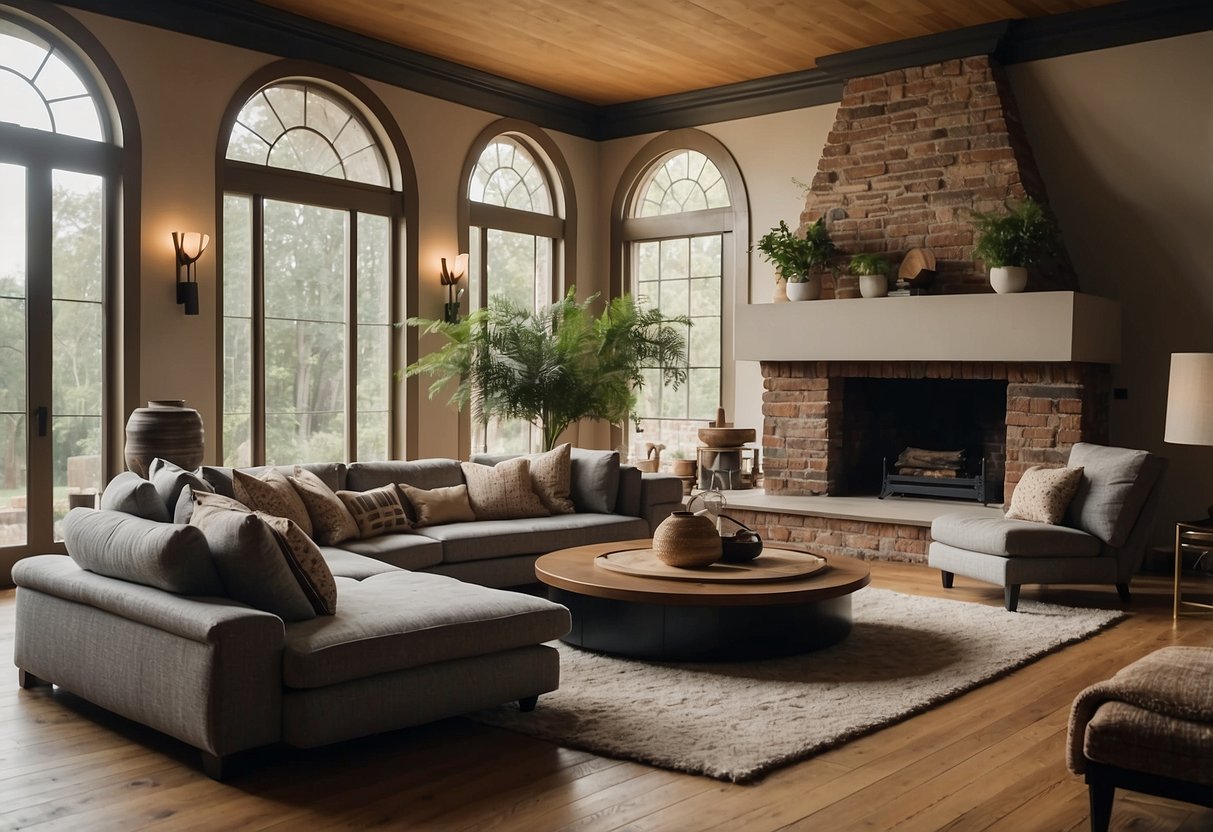 A sunken living room with modern decor, surrounded by low seating and a central fireplace. The space exudes a sense of historical significance and revival of the conversation pit concept