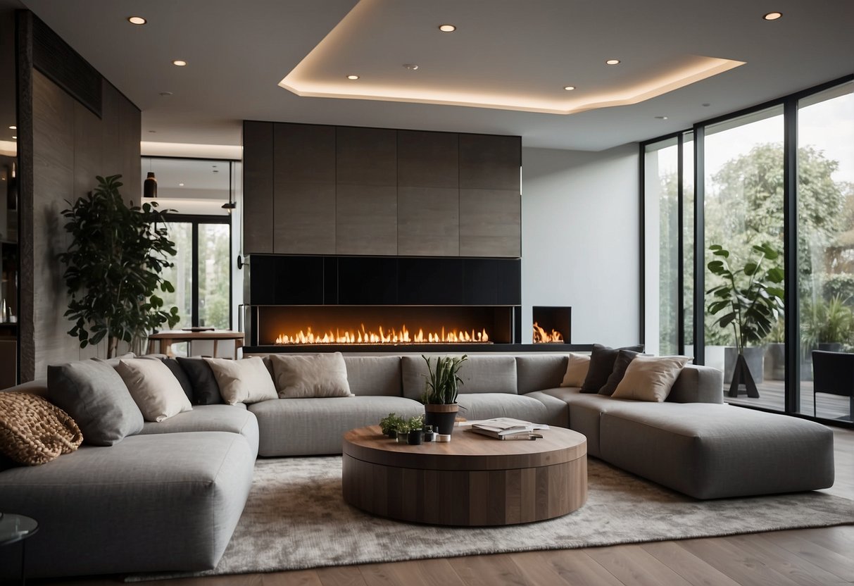 A modern sunken living room with cozy seating, integrated lighting, and sleek design elements. A central fireplace and open layout create a welcoming and stylish space