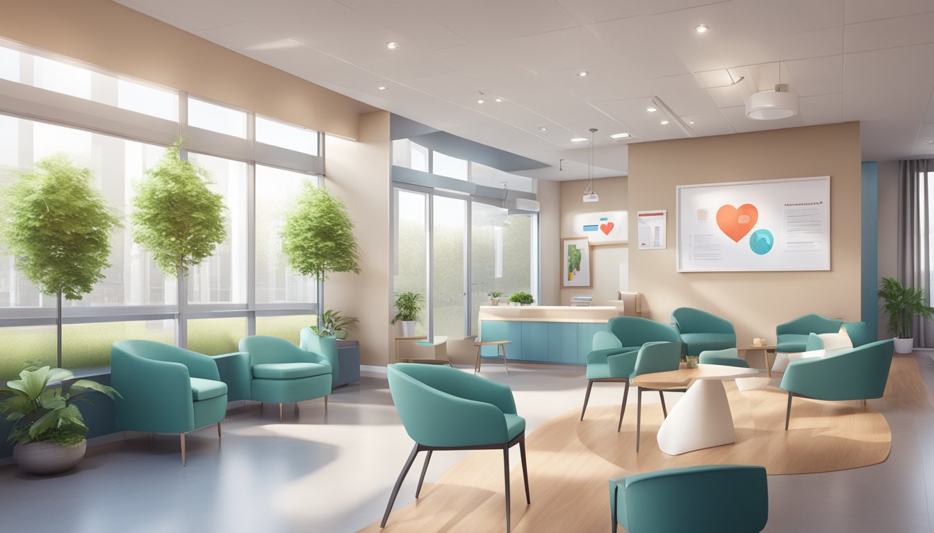 A modern cardiology clinic with a bright, welcoming reception area, comfortable seating, and informational posters on heart health