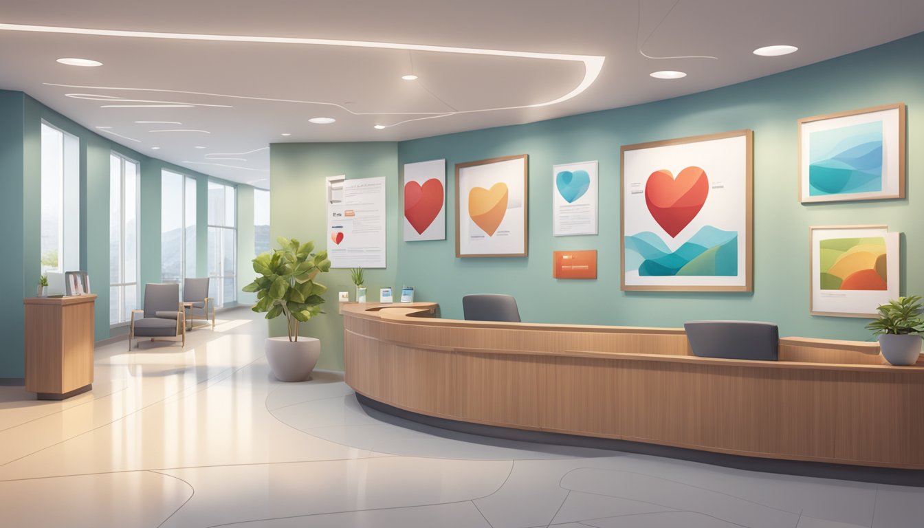 A modern cardiology clinic with a sleek, professional reception area and comfortable waiting room. The clinic is well-lit and features informational posters about heart health