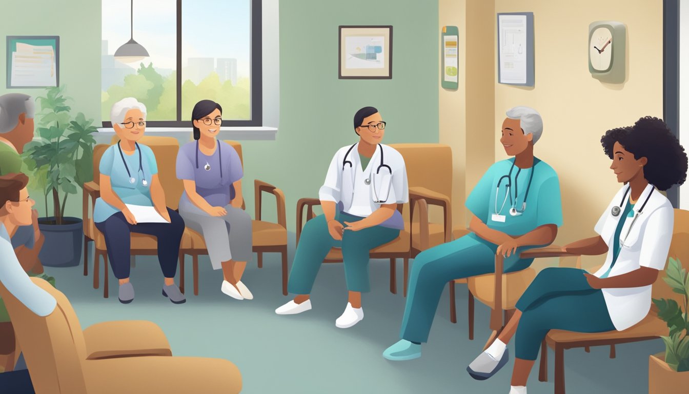 Patients fill the waiting room at Healthy Heart Specialist Center. A doctor consults with a patient, while others chat with the friendly staff