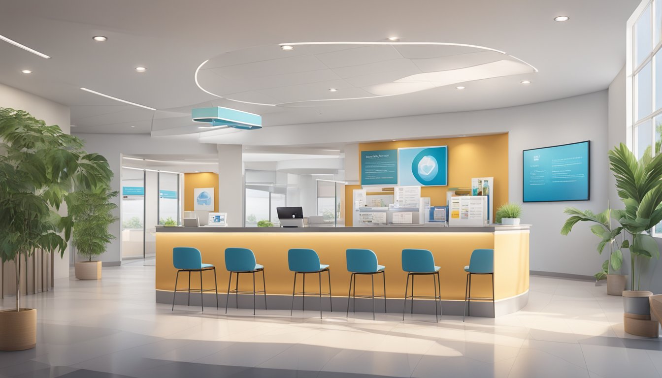 A modern cardiology clinic with a welcoming reception area, comfortable seating, and informational brochures on heart health displayed prominently