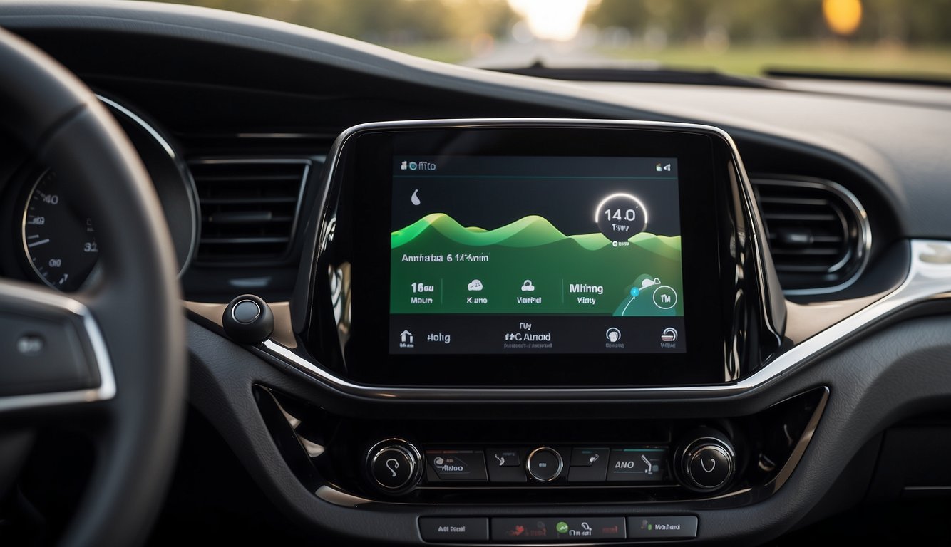 A car dashboard displaying the Android Auto logo with a smartphone connected and displaying the Android Auto app interface