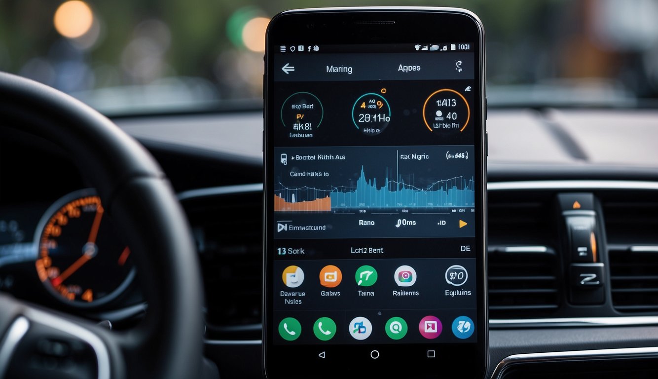 A smartphone connected to a car's dashboard display, showing the Android Auto interface with communication and entertainment apps