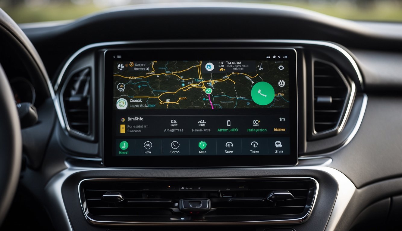 A car dashboard displaying Android Auto interface with navigation app open