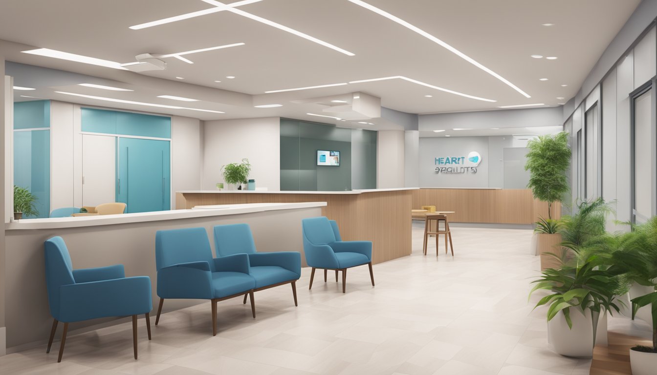 A modern cardiology clinic with EH Heart Specialist Private Limited signage, patients entering, and a calming waiting area