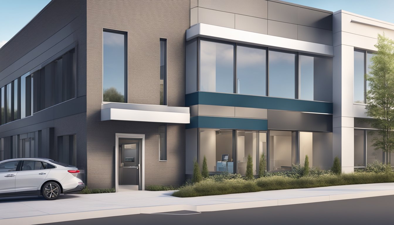 The clinic is located in a modern building with wheelchair accessible entrance and parking. The exterior is clean and well-lit, with clear signage indicating the cardiology clinic