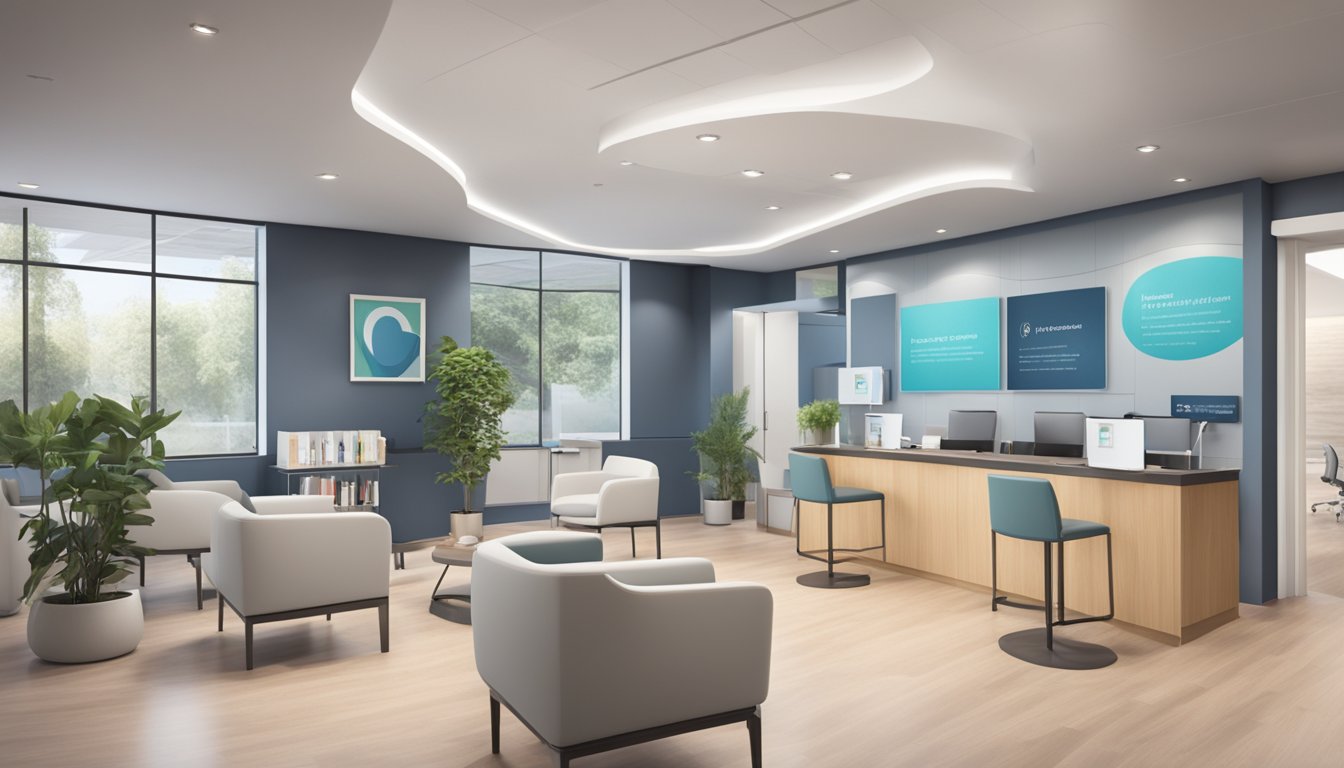 A modern cardiology clinic with a sleek reception area, comfortable seating, and informational brochures on display. A team of professionals are seen attending to patients with care