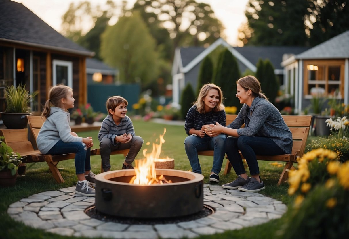 Families gather around a central fire pit, while children play in the communal garden and adults chat on the front porches of their tiny homes