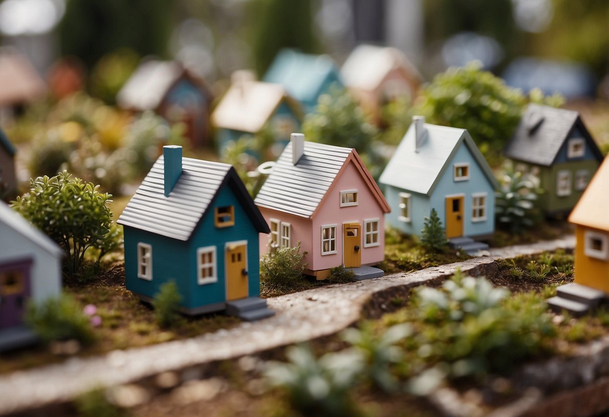 A group of tiny homes nestled closely together, with shared gardens and communal spaces, creating a close-knit community atmosphere