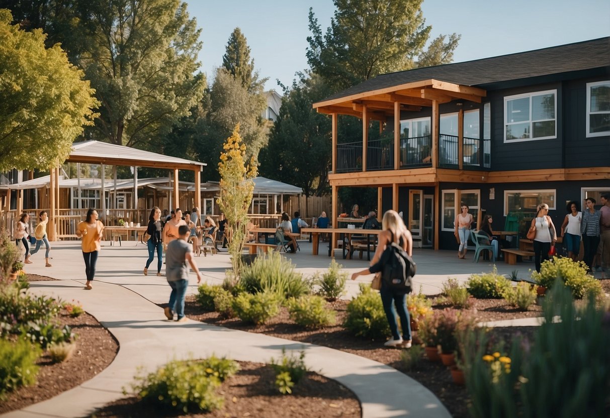 A bustling community center with a playground, garden, and communal kitchen, bringing residents together in tiny home communities