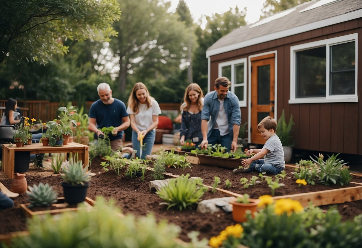 Neighbors gardening, kids playing, and adults socializing in a communal area of tiny home community