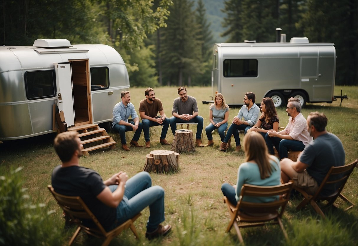 People in a circle, discussing and voting on community decisions in a tiny home village