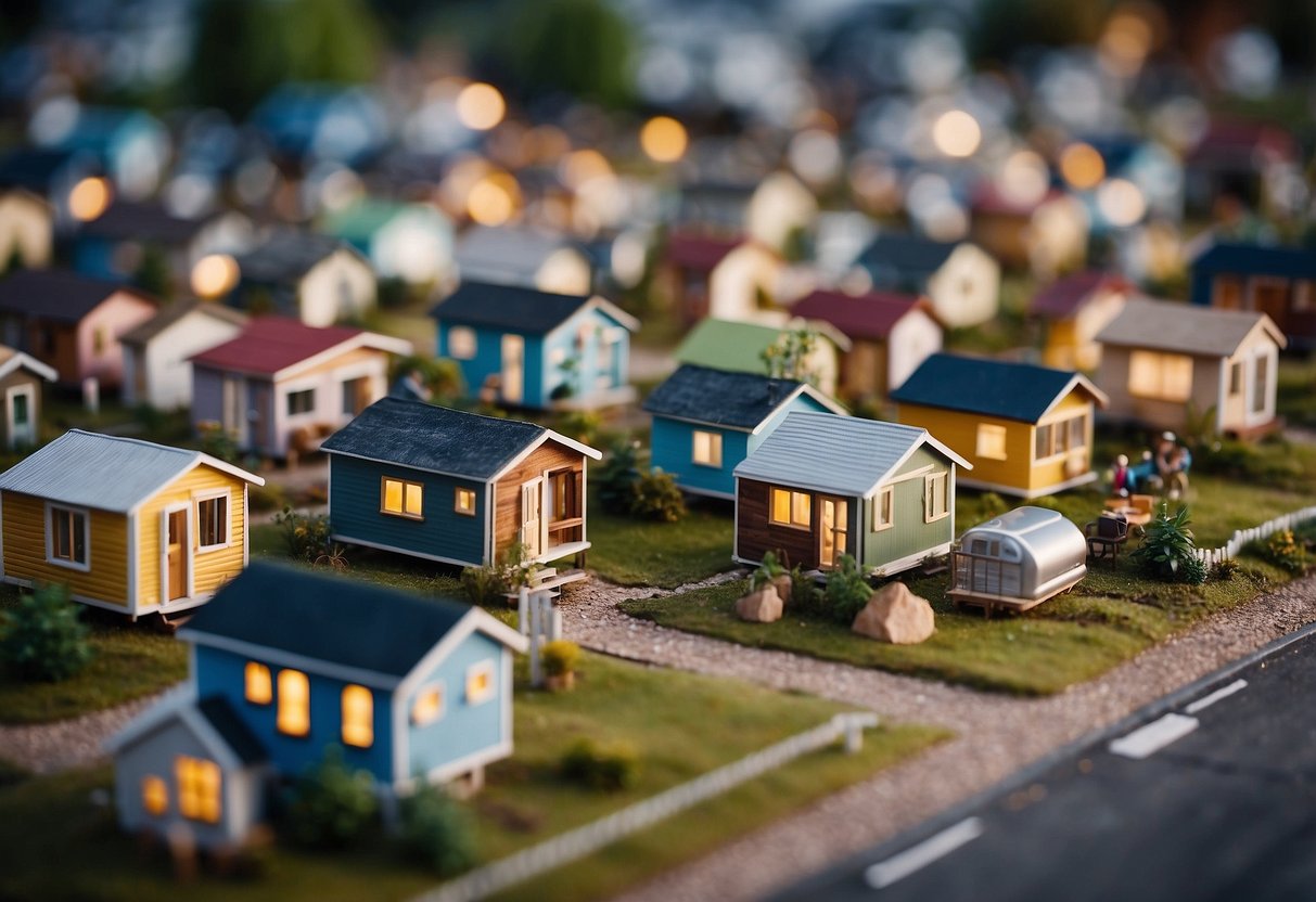 A network of tiny homes forms a community hub, with residents gathering for support and connection