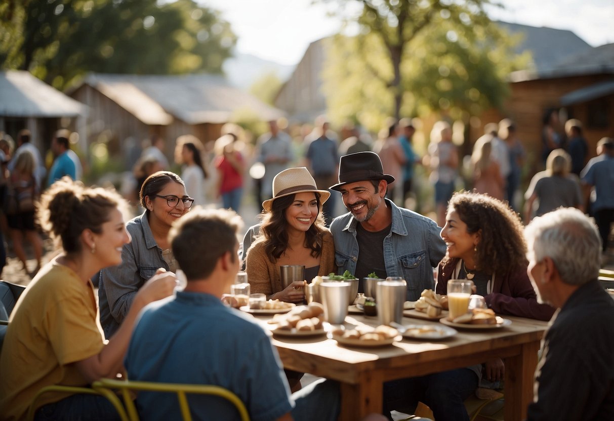 Community members gather in a central square, sharing food and stories. Music and laughter fill the air as people of all ages come together in the tiny home community