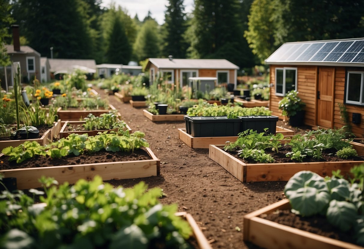 Lush community gardens surround tiny homes, solar panels, and compost bins, showcasing sustainability and community spirit