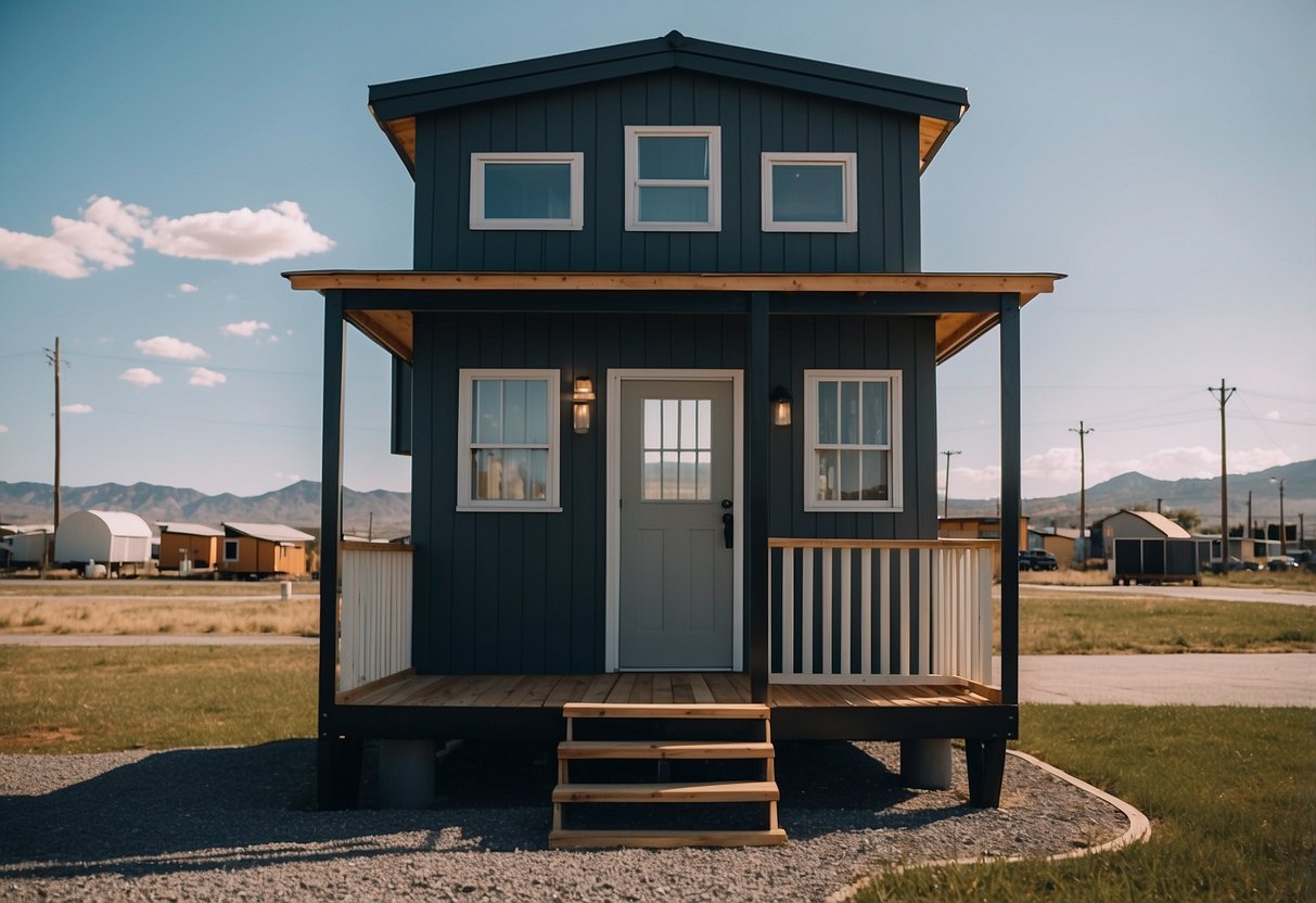 Tiny homes clustered together, surrounded by fences and security cameras, with a guard station at the entrance