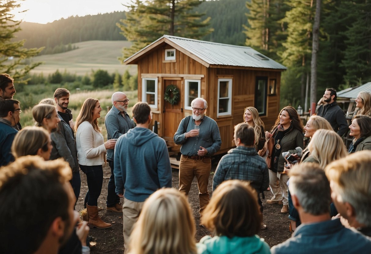 A group of people gather in a small village of tiny homes, discussing and answering common questions about living in a tiny home community