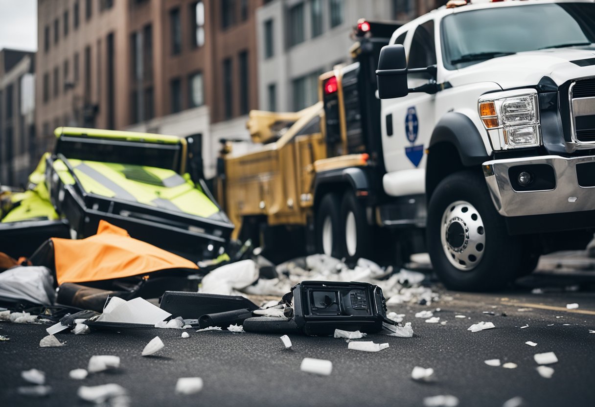 A truck lies overturned on a busy Midland street, surrounded by debris and emergency vehicles. The scene is chaotic, with onlookers and first responders scrambling to assist