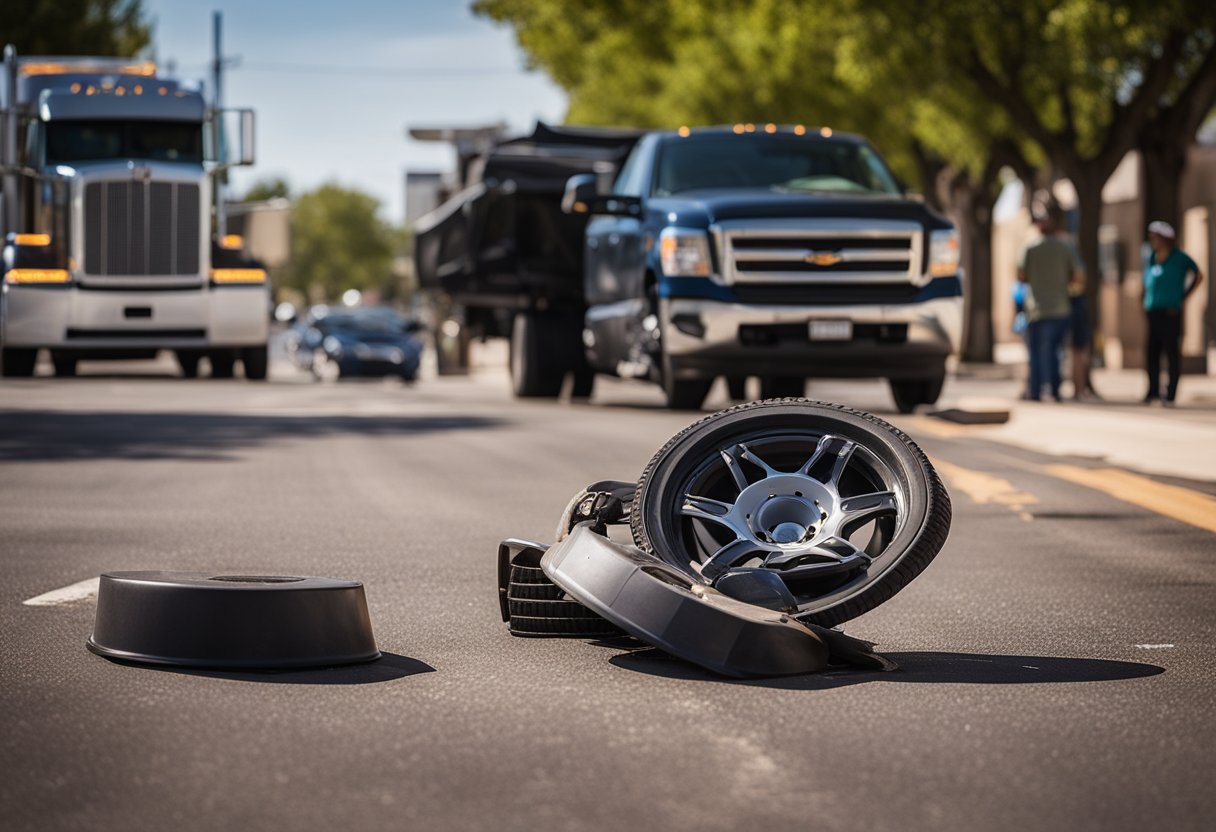 A truck collides with a smaller vehicle on a busy Midland, TX street. Legal documents and a lawyer's office are visible in the background