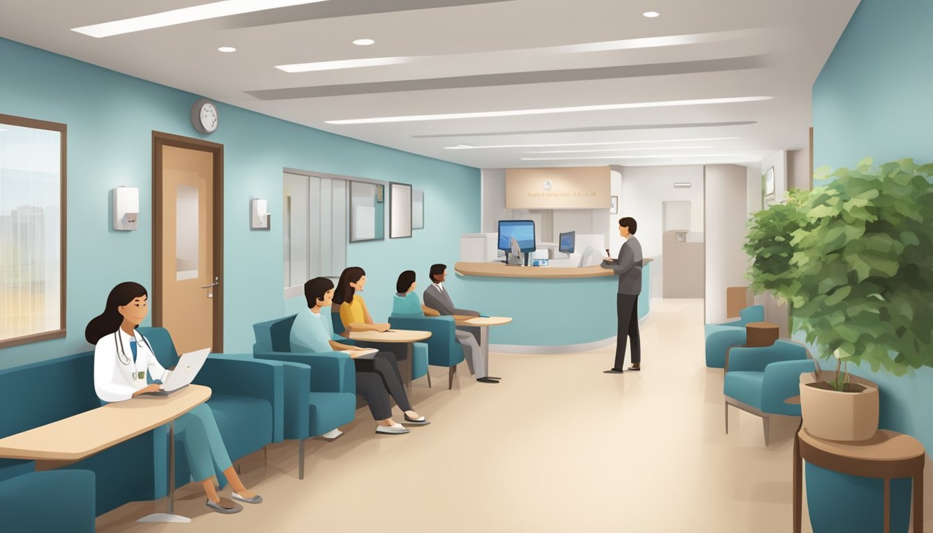 Patients fill the waiting room at Dr. TTLim's Cardiology Clinic. The receptionist greets them as they check in for their appointments. The clinic is clean and modern, with comfortable seating and calming decor