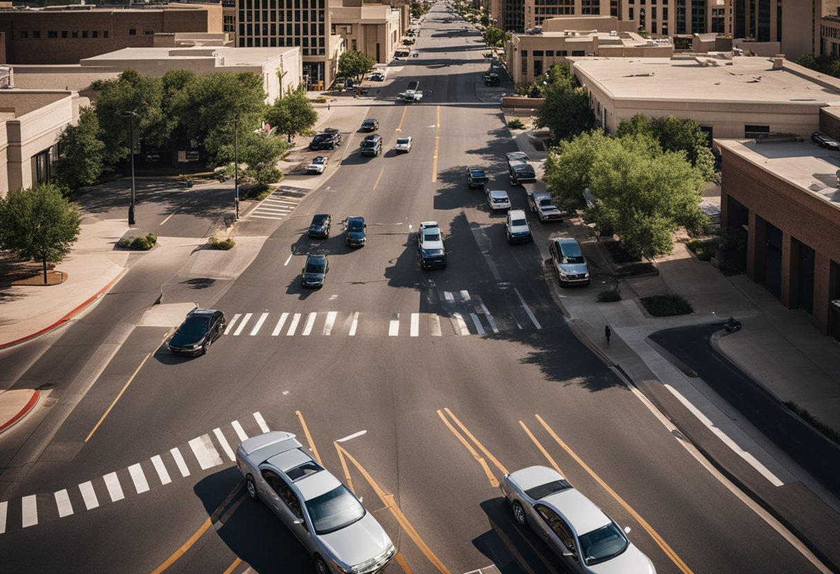 A busy intersection with two cars colliding, surrounded by law offices and firm buildings in Lubbock