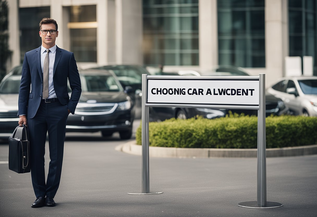 A car accident lawyer stands confidently in front of a row of law firms, with a sign reading "Choosing the Right Car Accident Lawyer" prominently displayed