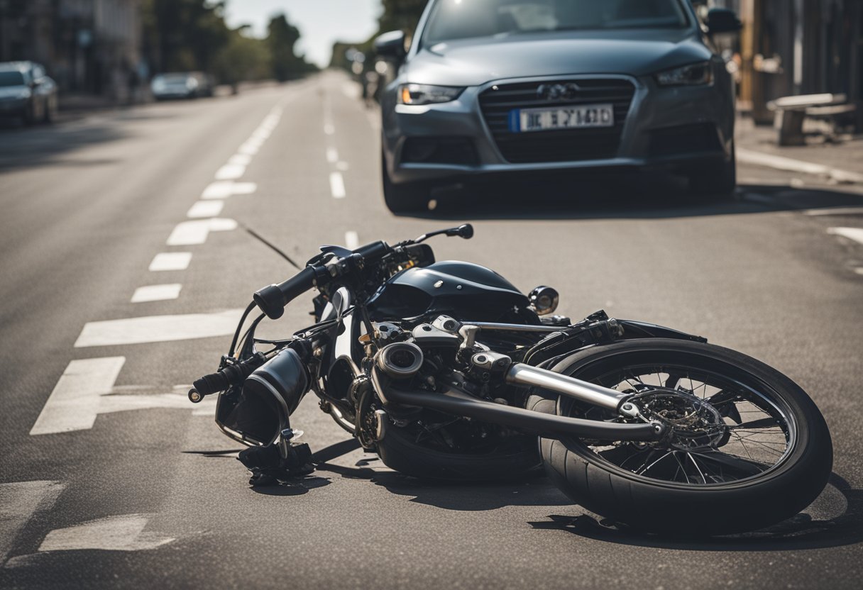 A motorcycle lies on its side, surrounded by debris. Skid marks lead to the scene as onlookers gather