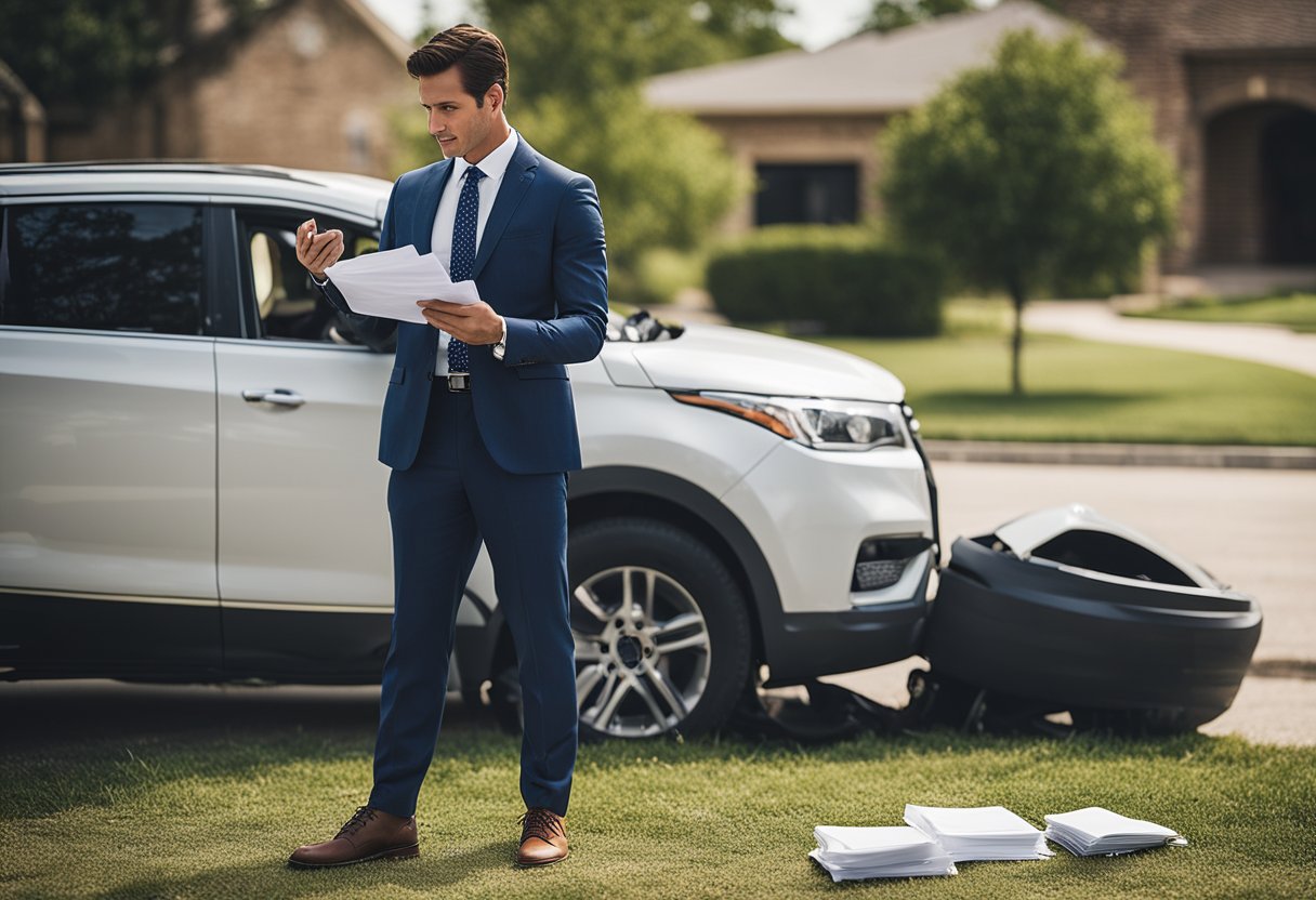 A car accident lawyer in Denton, Texas stands in front of a damaged vehicle, holding legal documents and speaking with a client