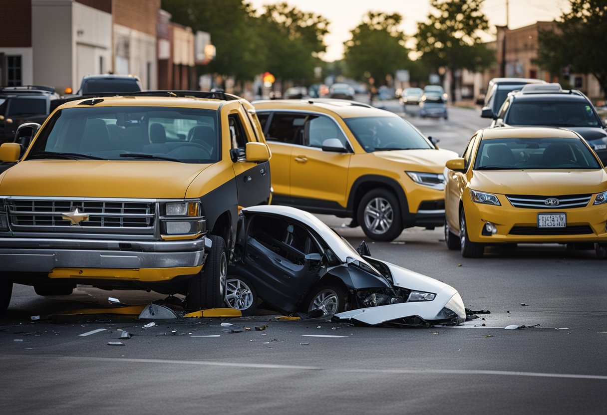 A car crashed into another vehicle at an intersection in Denton, Texas. The drivers are assessing the damage while bystanders look on