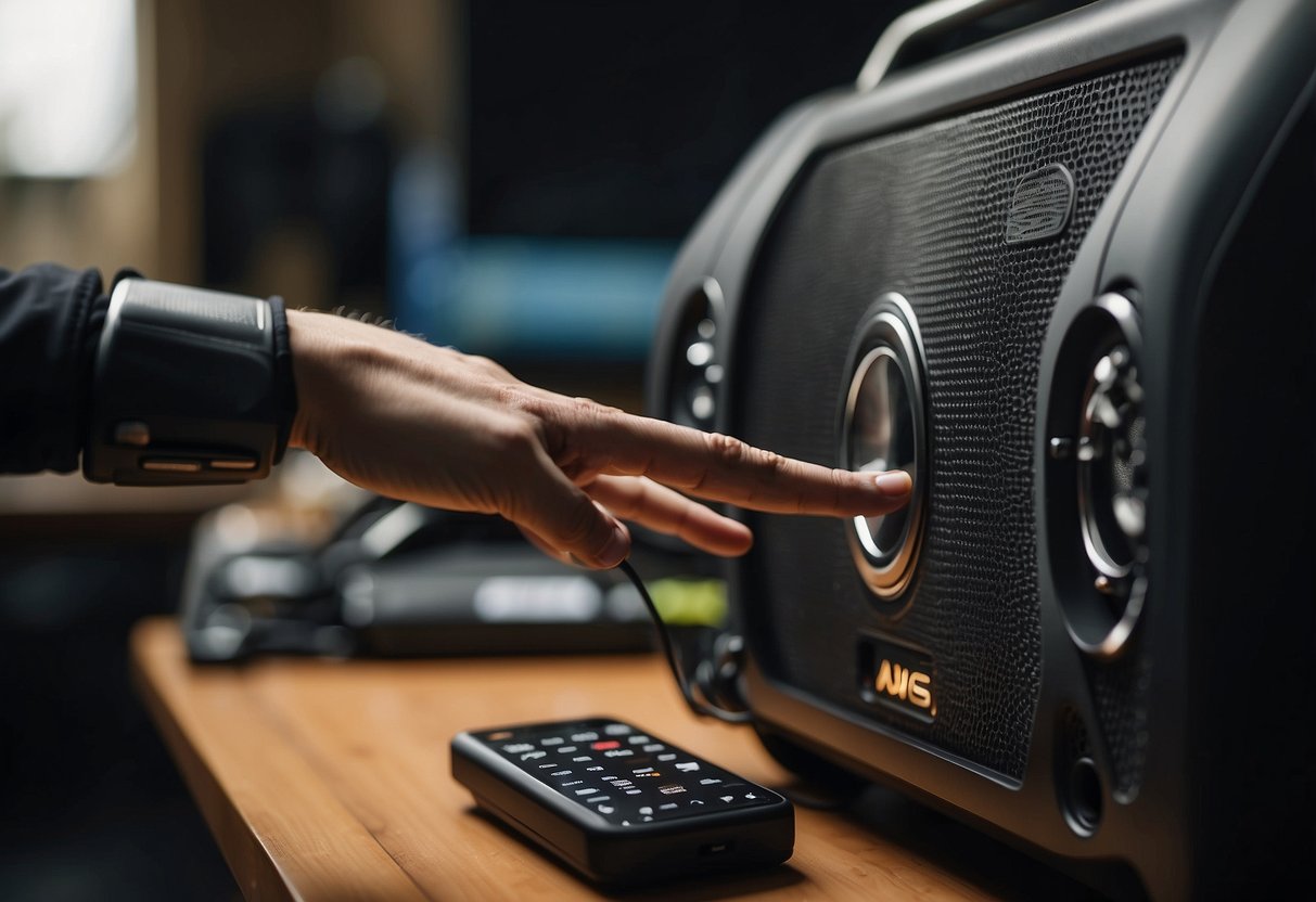 A hand reaches out to connect wires between a BOSS ATV speaker and a compatible device. Troubleshooting tools sit nearby for reference