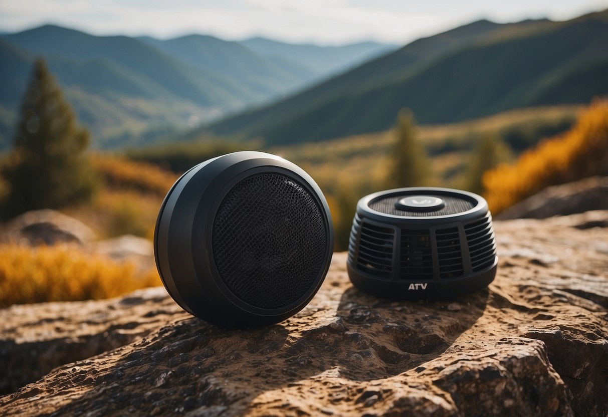 An ATV speaker sits on a vehicle, surrounded by rugged terrain. It emits sound, but a problem arises