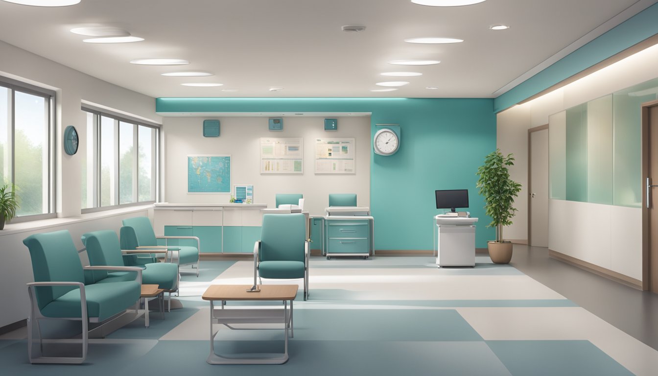 The cardiology clinic is a modern, well-lit space with comfortable seating and a reception desk. Medical equipment and charts line the walls, and a calming atmosphere pervades the room