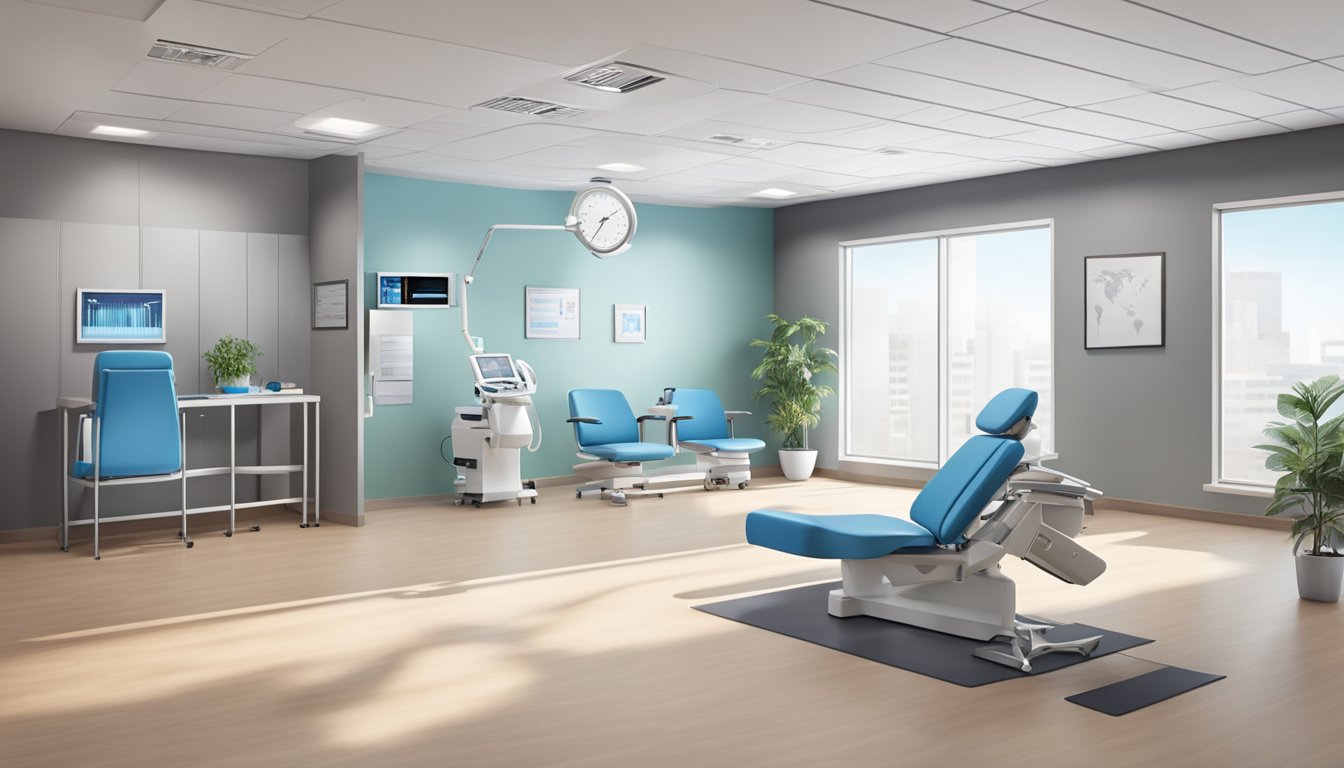 A modern cardiology clinic with state-of-the-art equipment and comfortable waiting area. The clinic exudes professionalism and expertise