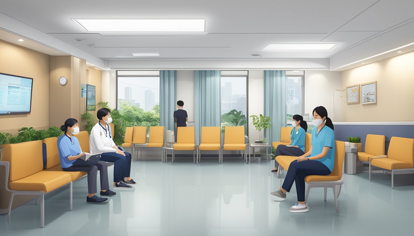 Patients fill the waiting room at Cardiology Clinic Pte Ltd, as staff members attend to their needs. The clinic's logo and signage are prominently displayed